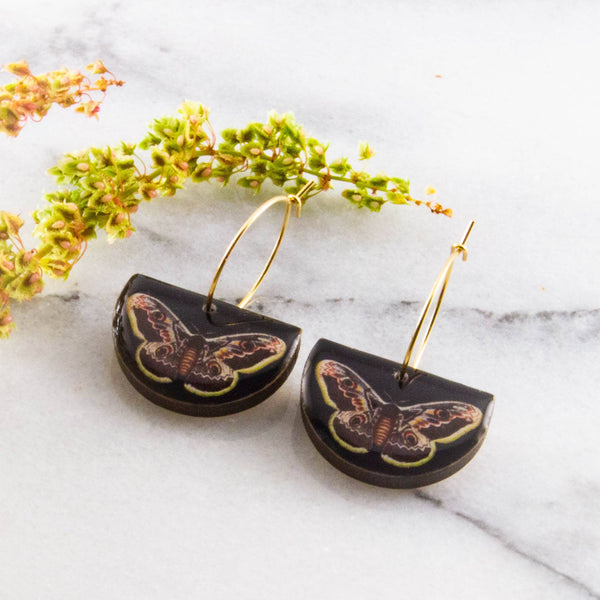 No Man's Land - Peacock Moth Drop Hoop Earrings