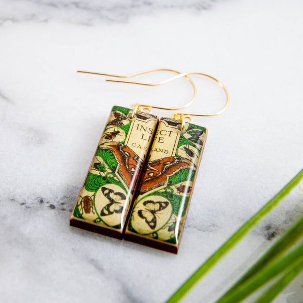 No Man's Land - Vintage Book Cover Insect Life Moth Rectangle Earrings