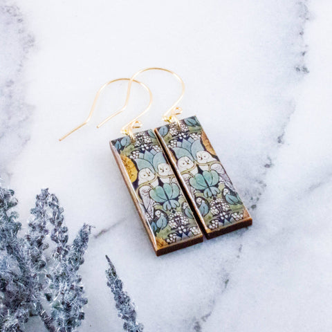 No Man's Land - Art Nouveau Owl Rectangle Earrings