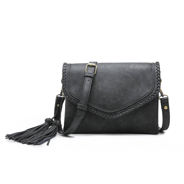 MiMi Wholesale - M1802A Flapover Crossbody w/ Whipstitch & Double Tassel: Black