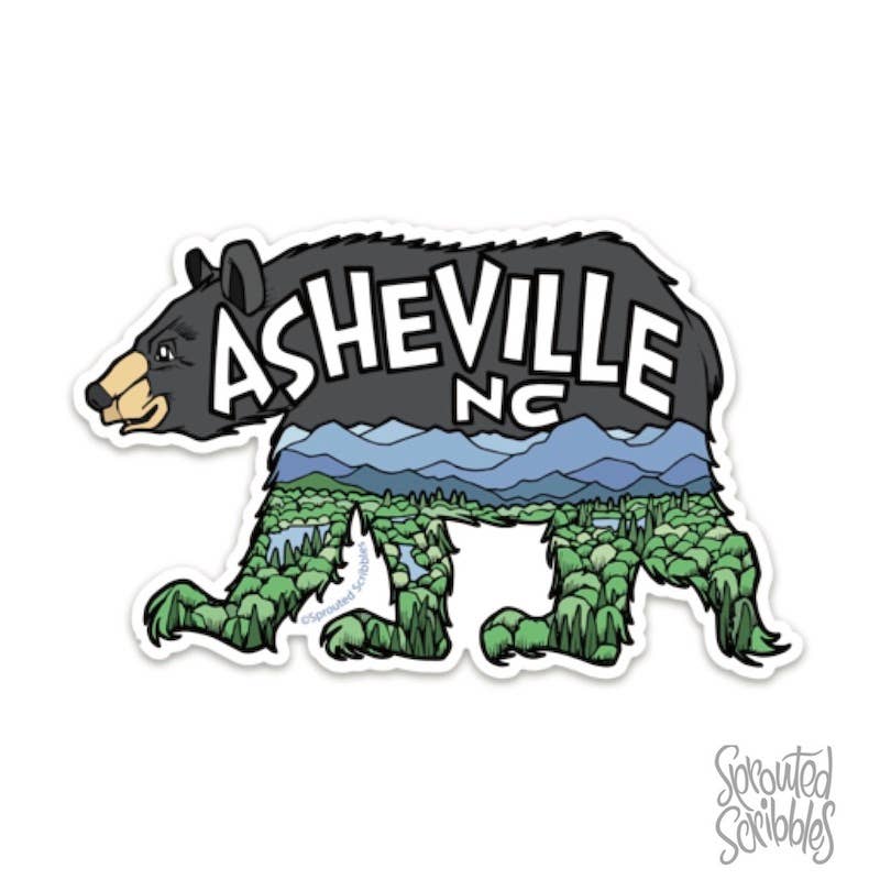 Sprouted Scribbles - Asheville Sticker | Bear with Mountains | Waterproof Vinyl