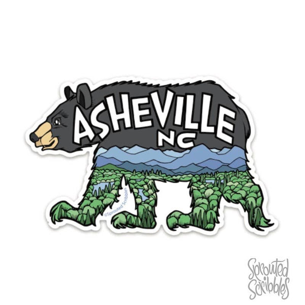 Sprouted Scribbles - Asheville Sticker | Bear with Mountains | Waterproof Vinyl