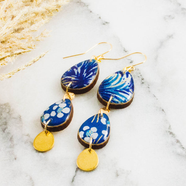 No Man's Land - Triple Long Raindrop Earrings- Royal Blue + Gold