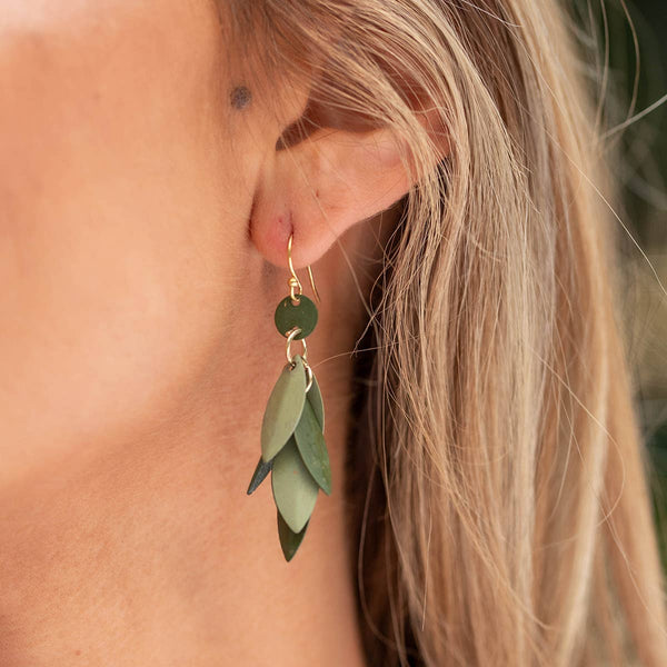 Anju Jewelry - Brass Patina Earrings - Green Layered Leaves