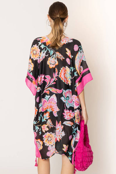 Hana - Floral Print Stripe Edge Tassel Summer Kimono