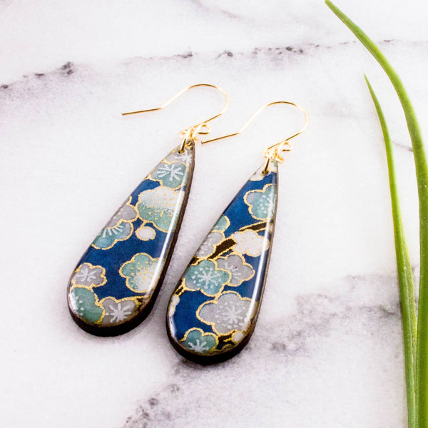 No Man's Land - Dusky Blue Cherry Blossom Teardrop Earrings