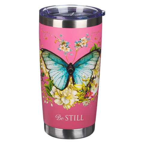 Christian Art Gifts - Mug SS Travel Pink Butterfly Be Still