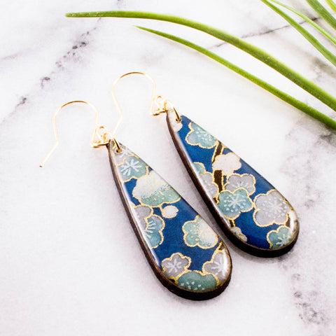 No Man's Land - Dusky Blue Cherry Blossom Teardrop Earrings