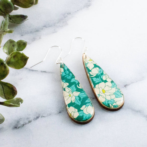 No Man's Land - Teardrop Teal Dogwood Blossom Earrings