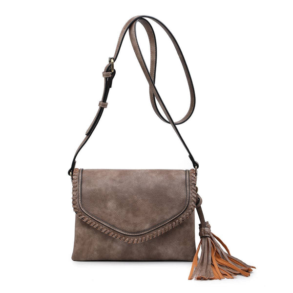 MiMi Wholesale - M1802A Flapover Crossbody w/ Whipstitch & Double Tassel: Black