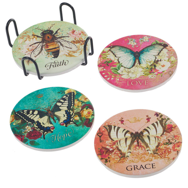 Christian Art Gifts - Ceramic Coasters 4/Set Butterflies/Bee