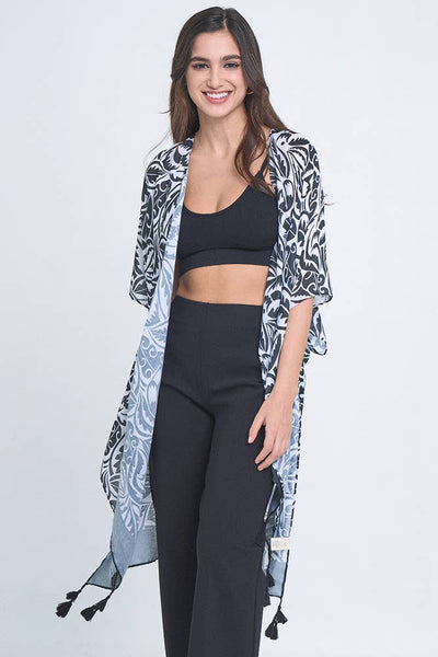 Hana - Floral Paisley Border Print Tassel Summer Kimono
