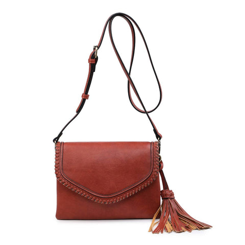 MiMi Wholesale - M1802A Flapover Crossbody w/ Whipstitch & Double Tassel: Rust