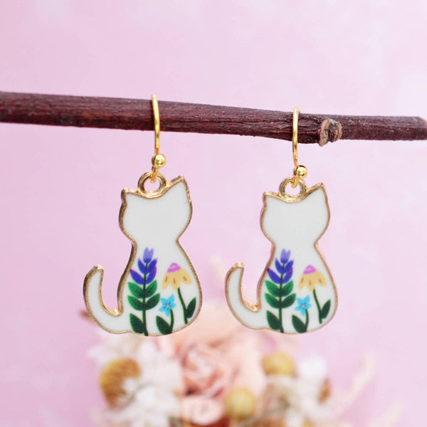 ZAD - Floral Feline White Cat Earrings