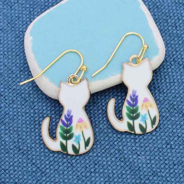 ZAD - Floral Feline White Cat Earrings