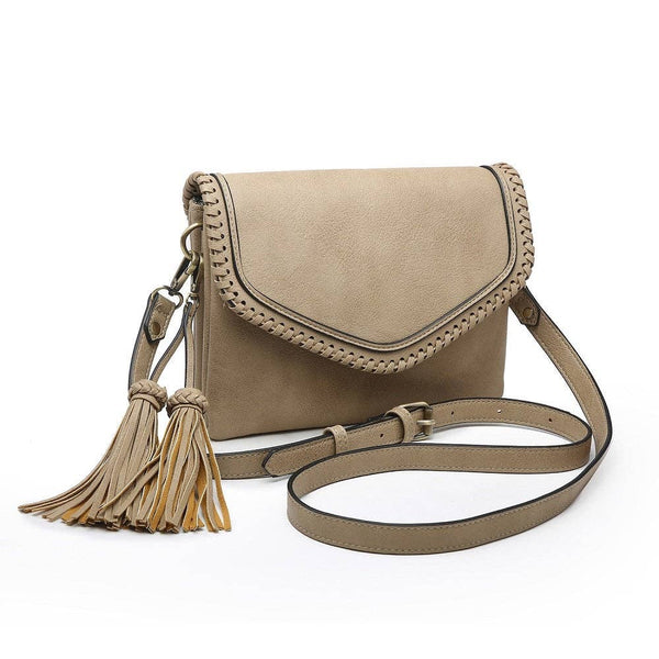 MiMi Wholesale - M1802A Flapover Crossbody w/ Whipstitch & Double Tassel: Black