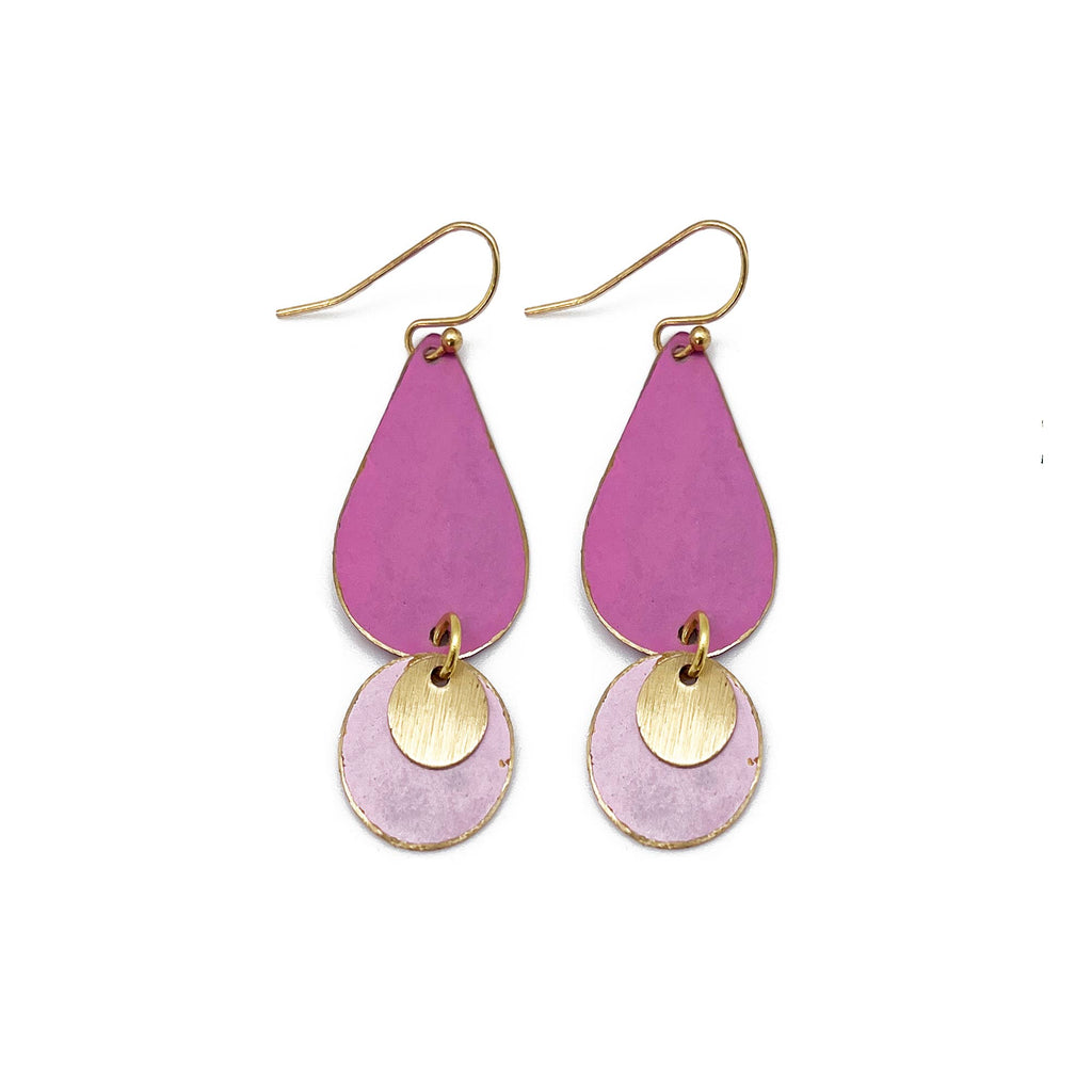 Anju Jewelry - Brass Patina Earrings - Pink and Lilac Two Tiered Dangle