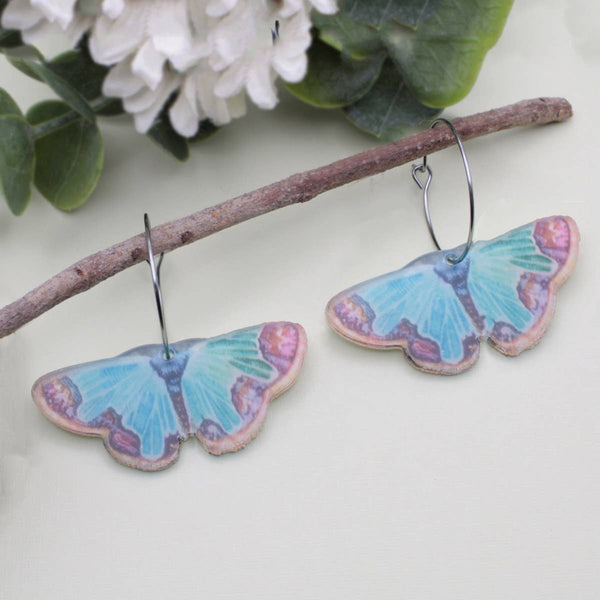 ZAD - Soft Skies Blue Butterfly Silver Hoop Earrings