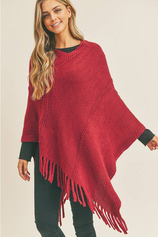 Hana - Embossed Dotted Line Tassel Poncho: Burgundy