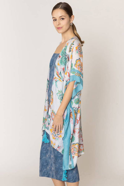Hana - Floral Print Stripe Edge Tassel Summer Kimono