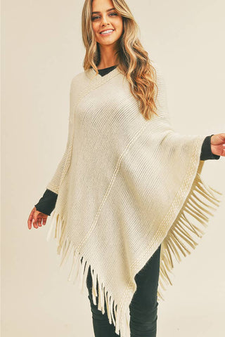Hana - Embossed Dotted Line Tassel Poncho: Ivory