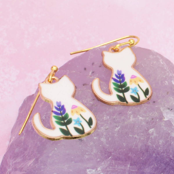 ZAD - Floral Feline White Cat Earrings