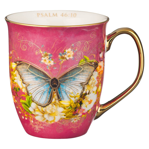 Christian Art Gifts - Mug Pink/White Butterfly Be Still Ps. 46:10