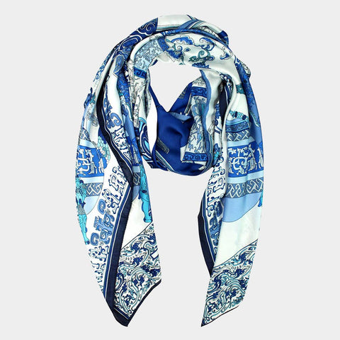 Sensibling Corp. - Elegant Porcelain Inspired Pattern Printed Oblong Silky Satin Scarf Shawl