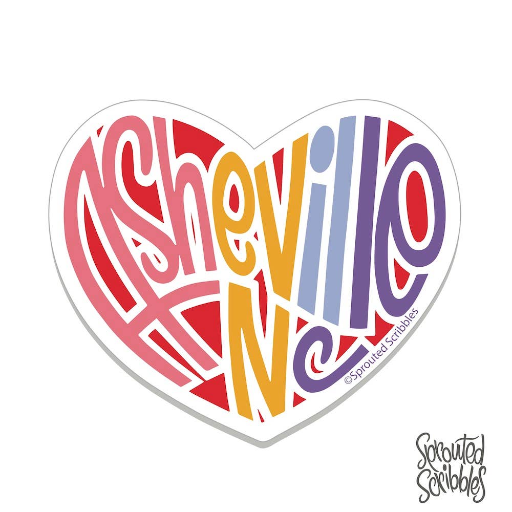 Sprouted Scribbles - Asheville Sticker | Rainbow Heart | Waterproof Vinyl Decal: WATER BOTTLE or LAPTOP
