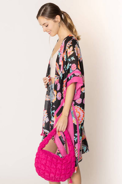 Hana - Floral Print Stripe Edge Tassel Summer Kimono