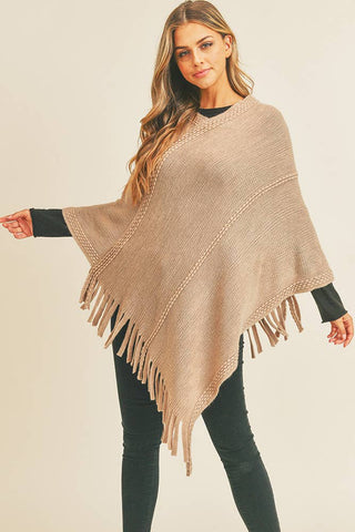 Hana - Embossed Dotted Line Tassel Poncho: Taupe
