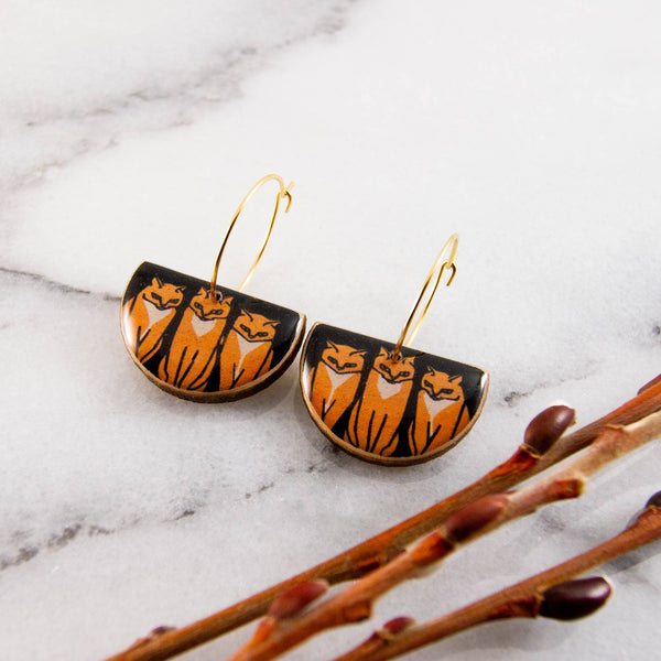 No Man's Land - Vintage Orange Cats Drop Hoop Earrings