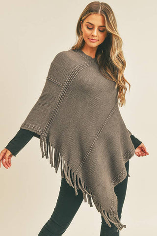 Hana - Embossed Dotted Line Tassel Poncho: Gray