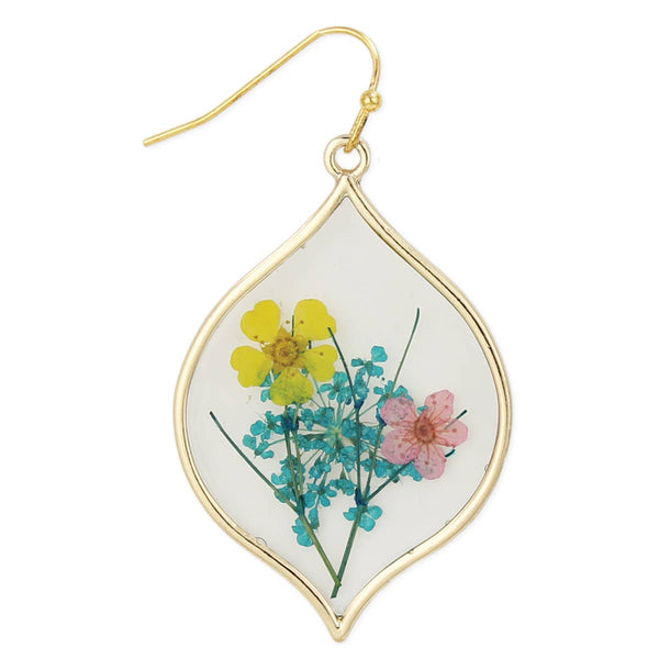 ZAD - Yellow Pink Dried Flower Gold Marquise Earrings
