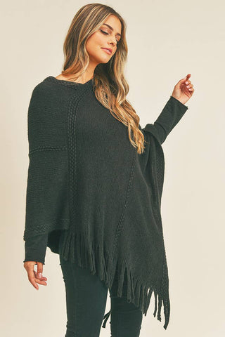 Hana - Embossed Dotted Line Tassel Poncho: Black