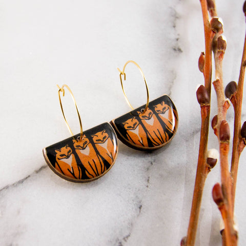 No Man's Land - Vintage Orange Cats Drop Hoop Earrings