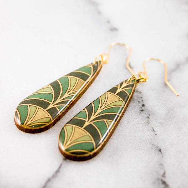 No Man's Land - Green + Gold Deco Fan Teardrop Earrings