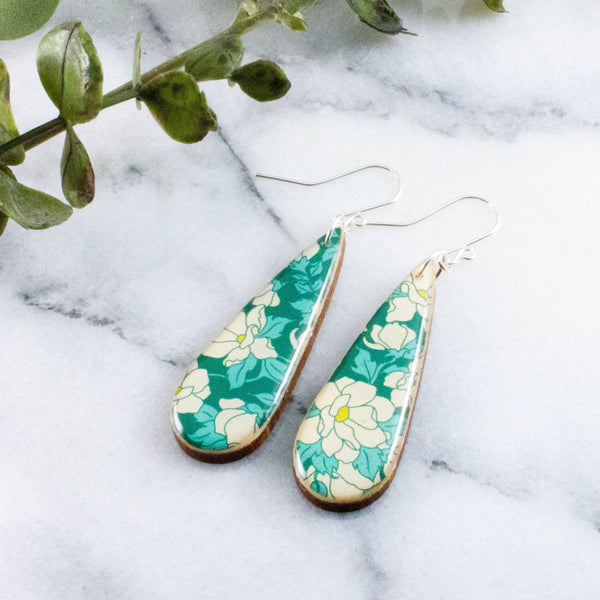 No Man's Land - Teardrop Teal Dogwood Blossom Earrings