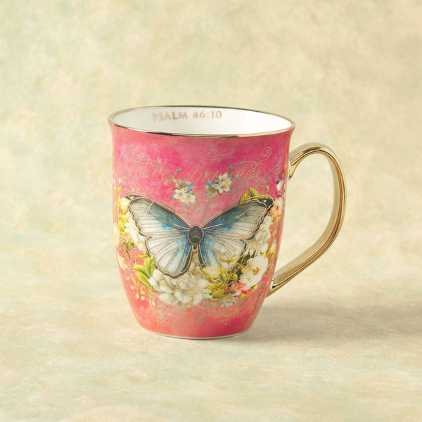 Christian Art Gifts - Mug Pink/White Butterfly Be Still Ps. 46:10