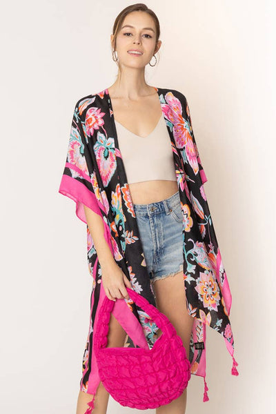 Hana - Floral Print Stripe Edge Tassel Summer Kimono