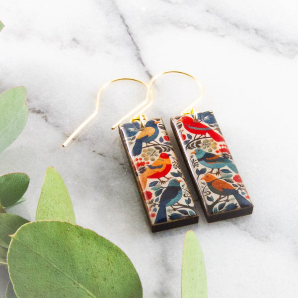 No Man's Land - Scandi Autumn Birds Rectangle Earrings