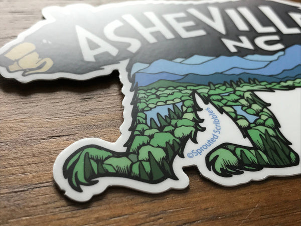 Sprouted Scribbles - Asheville Sticker | Bear with Mountains | Waterproof Vinyl
