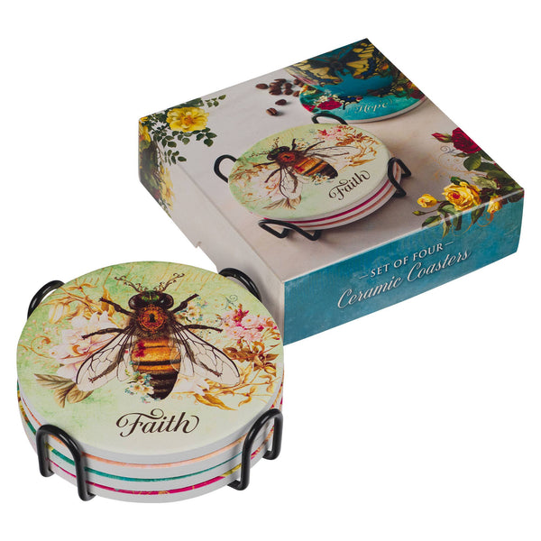 Christian Art Gifts - Ceramic Coasters 4/Set Butterflies/Bee