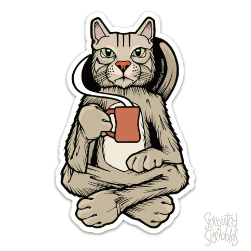 Sprouted Scribbles - Coffee Cat Sticker - Funny Cute Animal Tea