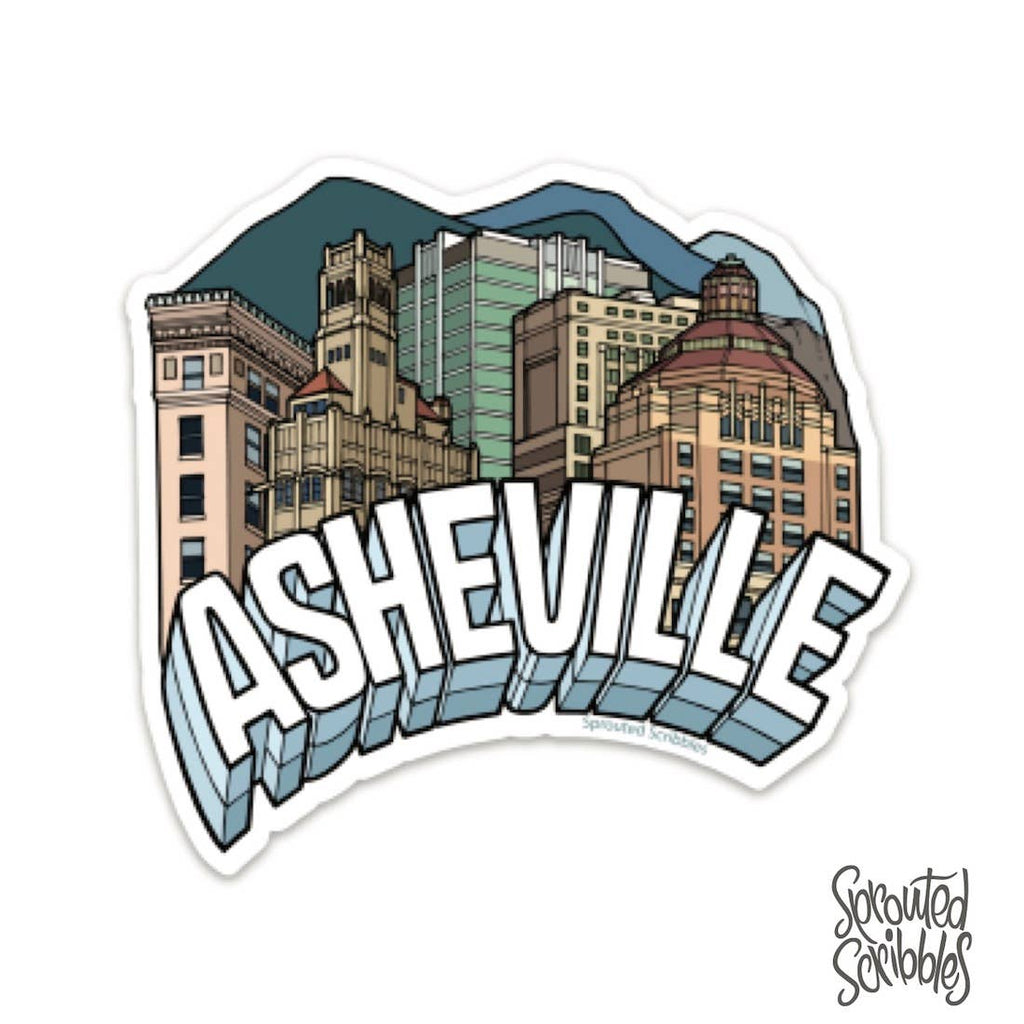 Sprouted Scribbles - Asheville Sticker - Historic City Buildings Downtown Travel
