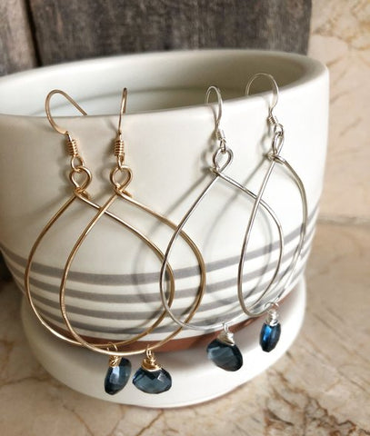Quinn Sharp Jewelry Designs - Gold/Silver Teardrop Hoops With Blue Topaz Gemstone